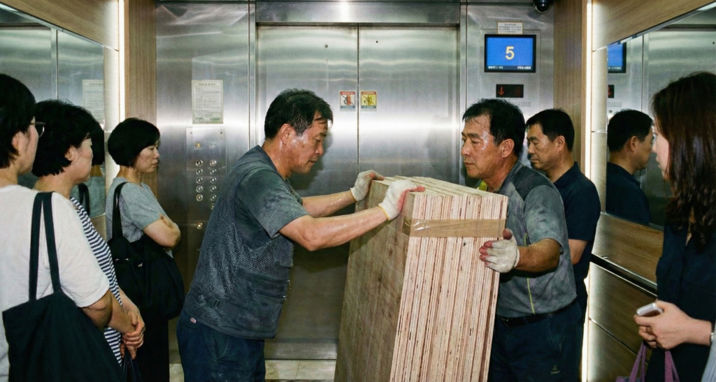 엘리베이터로 양중하는 모습